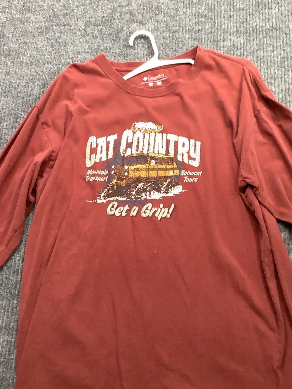 Columbia mens Long-Sleeve Graphic Tee in Rust Red with Cream & Yellow Print